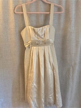 Silk BCBGMaxAzria Ivory Satin Pleated Dress with Beaded Waistband